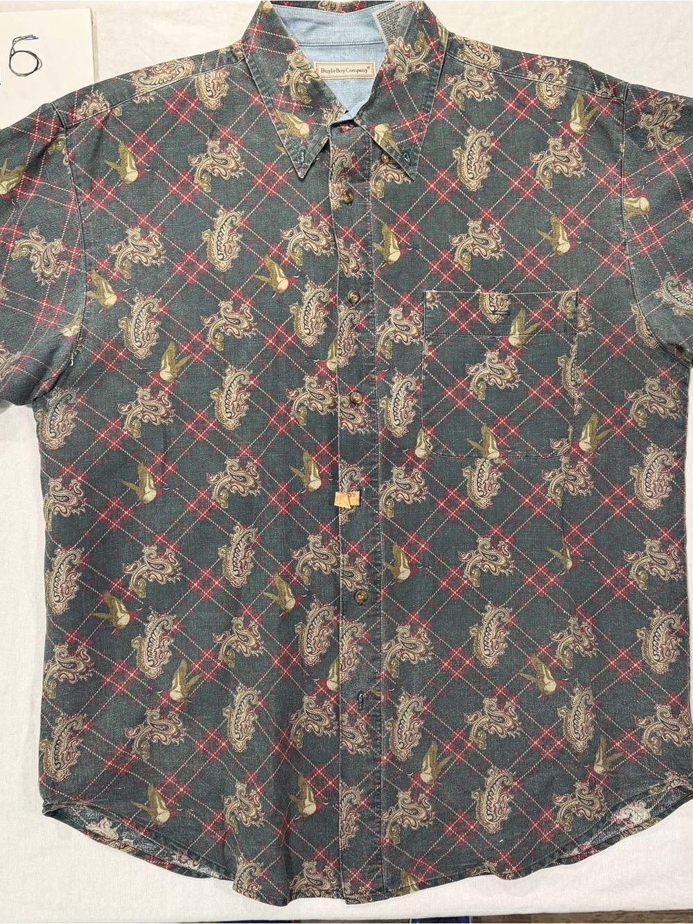 Bugle Boy Green Paisley Plaid Short Sleeve Button-Up Shirt